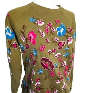RAGE Womens Large Vintage Green Pink Blue Embroidered Floral Sweatshirt Art Boho